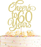 Cheers to 60 Years Cake Topper - Gold Glitter 60th Birthday Cake Decorating Supplies, Perfect for Wedding, Anniversary or Birthday Party Decorations, Photo Booth Props