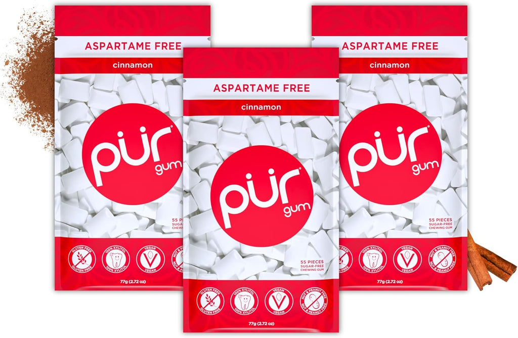 PUR Gum | Aspartame Free Chewing Gum | 100% Xylitol | Natural Cinnamon Flavored Gum, 55 Pieces (Pack of 3)