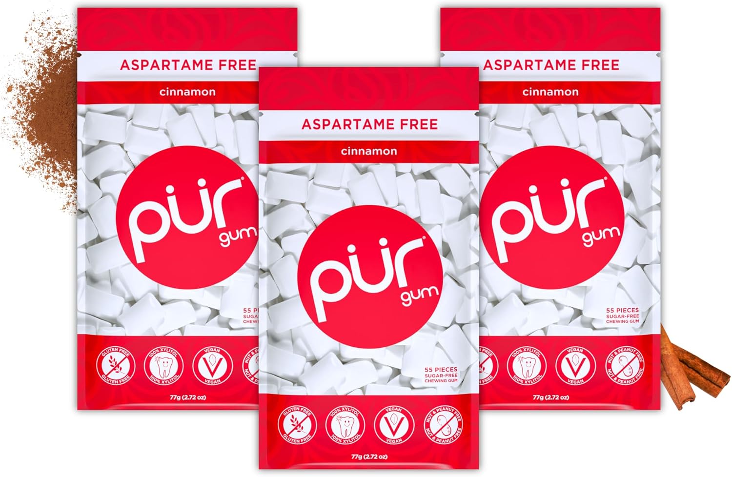 PUR Gum | Aspartame Free Chewing Gum | 100% Xylitol | Natural Cinnamon Flavored Gum, 55 Pieces (Pack of 3)