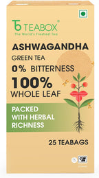 Teabox Ashwagandha Green Tea 25 Teabags | Ayurvedic Blend of Premium Green Tea and Natural Ashwagandha | Silken Pyramid Teabags