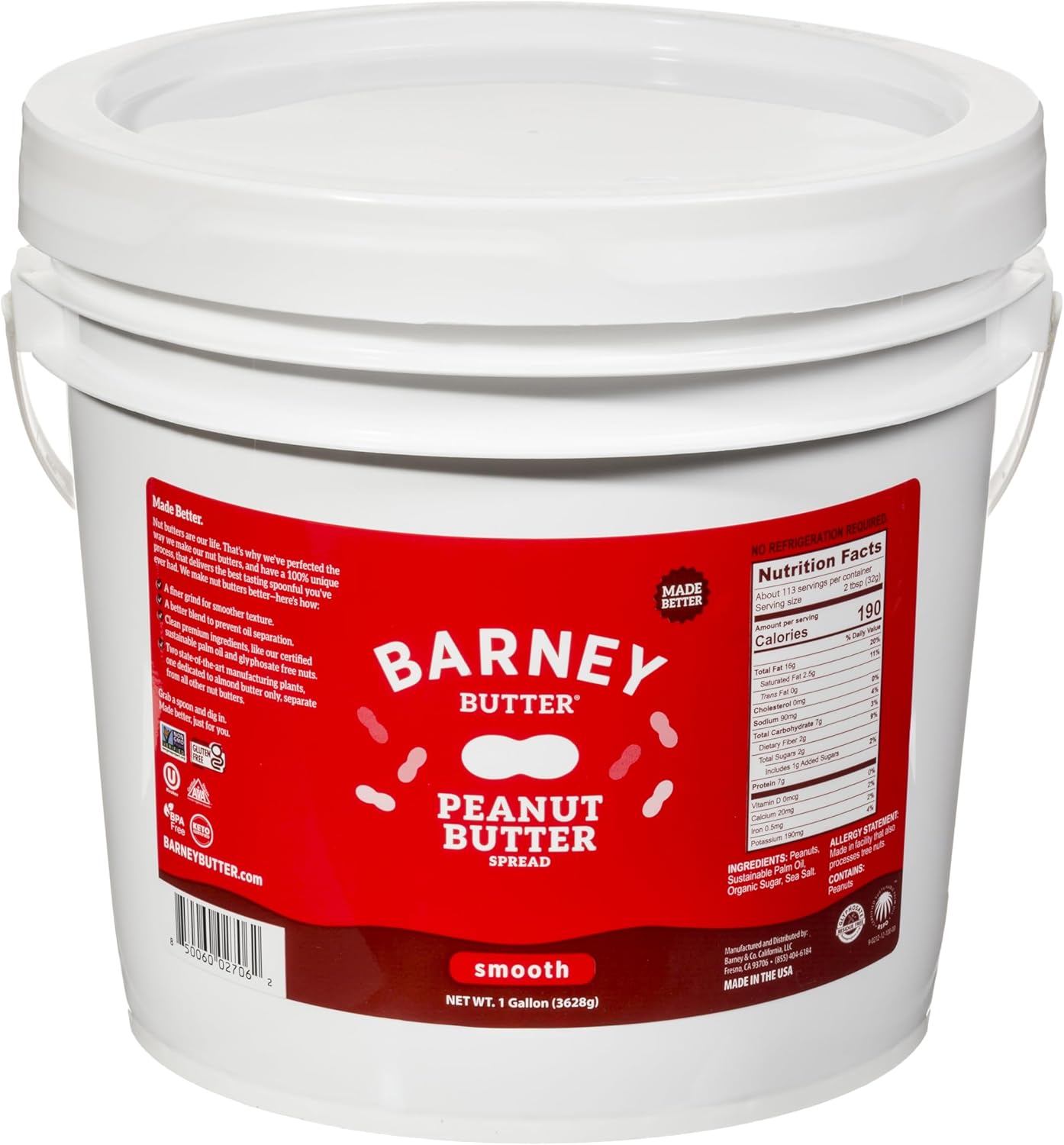 Barney Butter Peanut Butter, Smooth, 1 Gallon, Natural, No Stir, Non-GMO, Gluten Free, Keto, Vegan