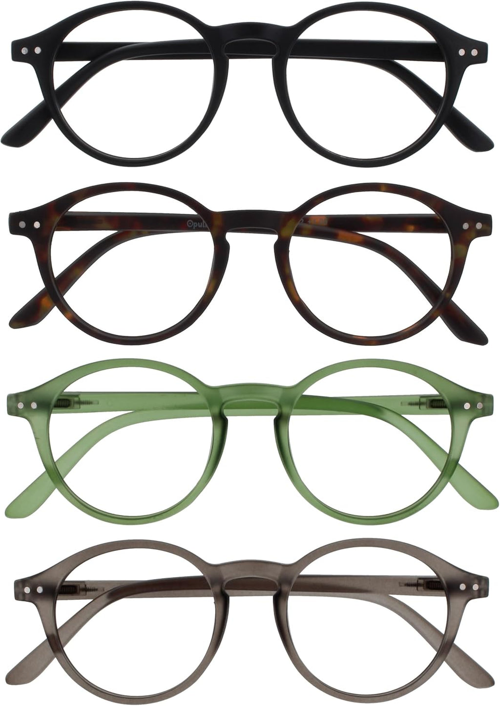 OPULIZE REY Reading Glasses for Women Men, Retro Round Frame with Spring Hinges, Matte Black, Brown Tortoiseshell, Green, Grey +2.00 (Pack of 4)