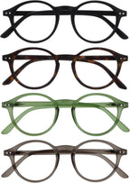 OPULIZE REY Reading Glasses for Women Men, Retro Round Frame with Spring Hinges, Matte Black, Brown Tortoiseshell, Green, Grey +2.00 (Pack of 4)