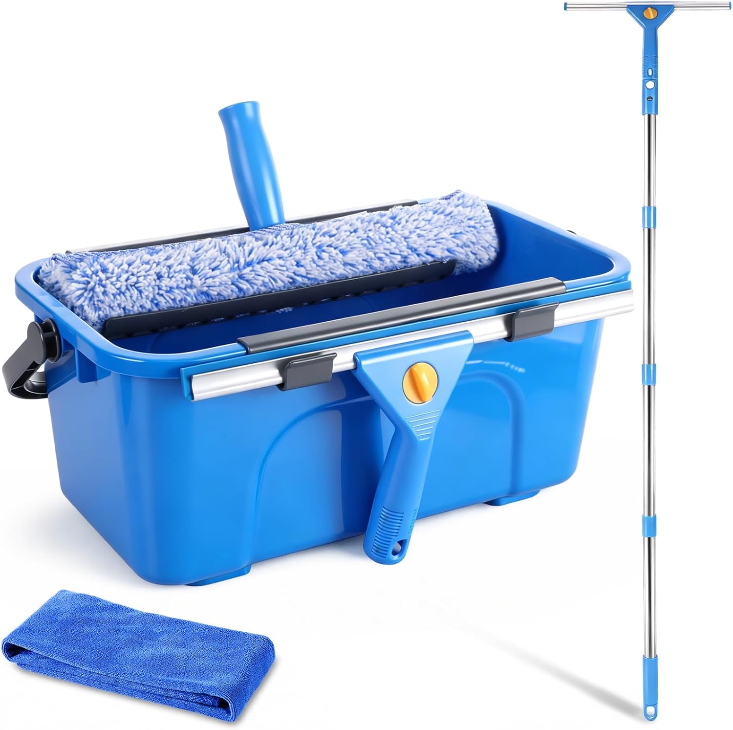 Window Cleaning Kit with 3 Gallon Bucket 14" Window Squeegee with 61" Long Handle 15" Microfiber Scrubber Glass Cleaner Set Tool for Home Outdoor Commercial Use