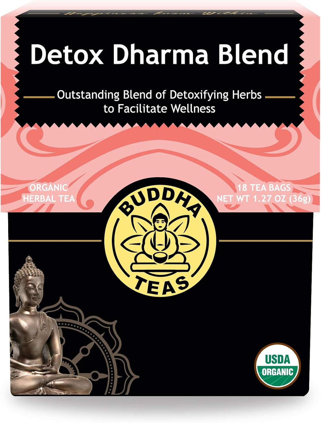 Buddha TeasBuddha Teas - Organic Detox Dharma Blend - Herbal Tea - For Health & Wellbeing - With Antioxidants & Minerals - Clean Ingredients - Caffeine Free - OU Kosher & Non-GMO - 18 Tea Bags (Pack of 1)