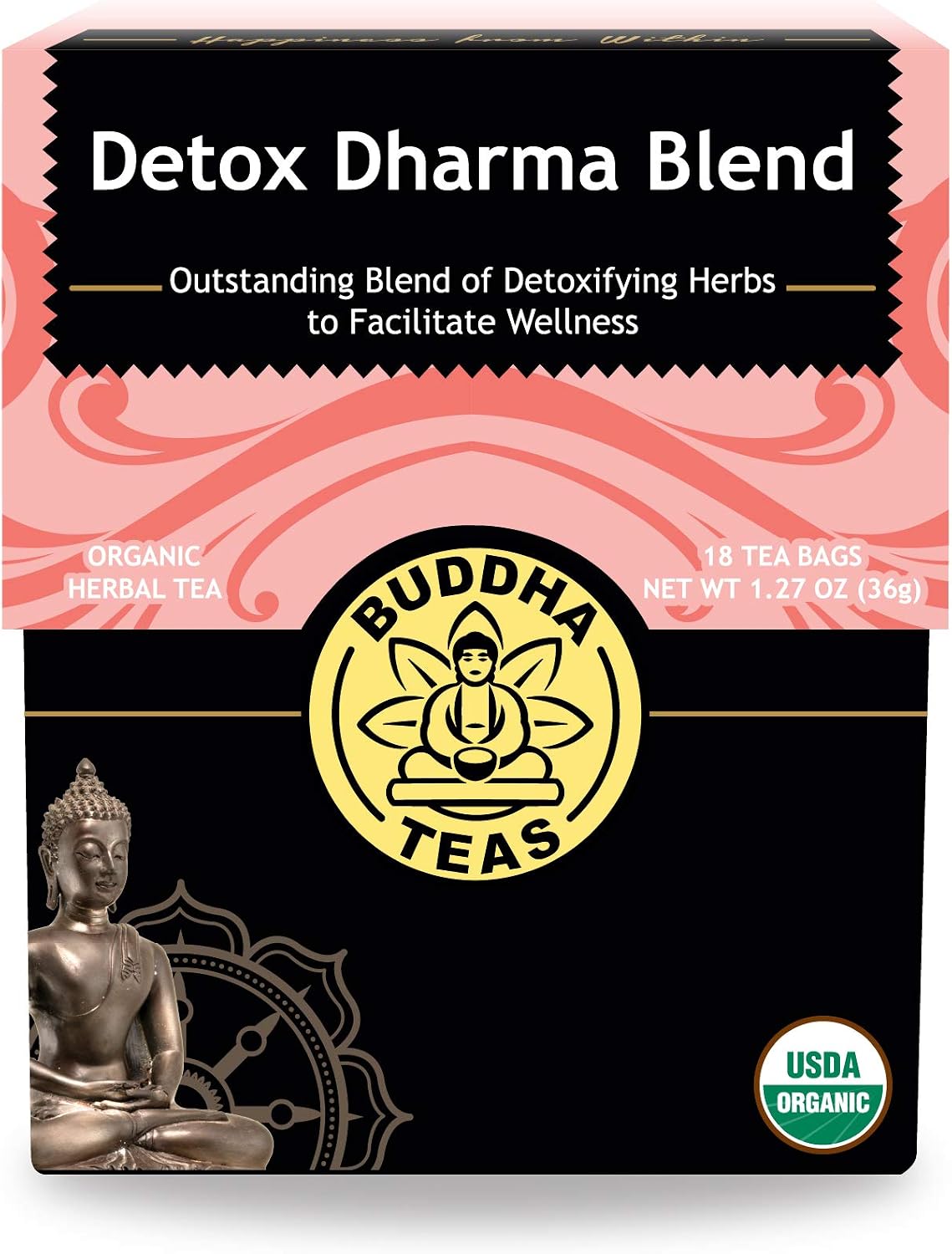 Buddha TeasBuddha Teas - Organic Detox Dharma Blend - Herbal Tea - For Health & Wellbeing - With Antioxidants & Minerals - Clean Ingredients - Caffeine Free - OU Kosher & Non-GMO - 18 Tea Bags (Pack of 1)
