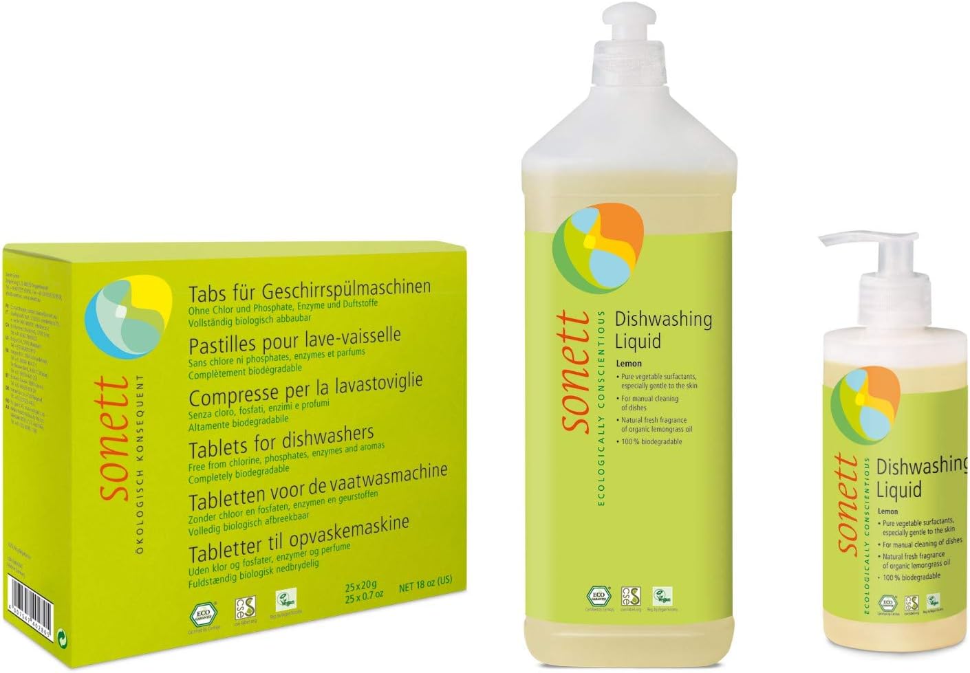 Sonett Organic Lemon Dishwashing Liquid Soap (34 and 10 fl oz) and Dishwasher Tablets (17 fl oz) Set of 3