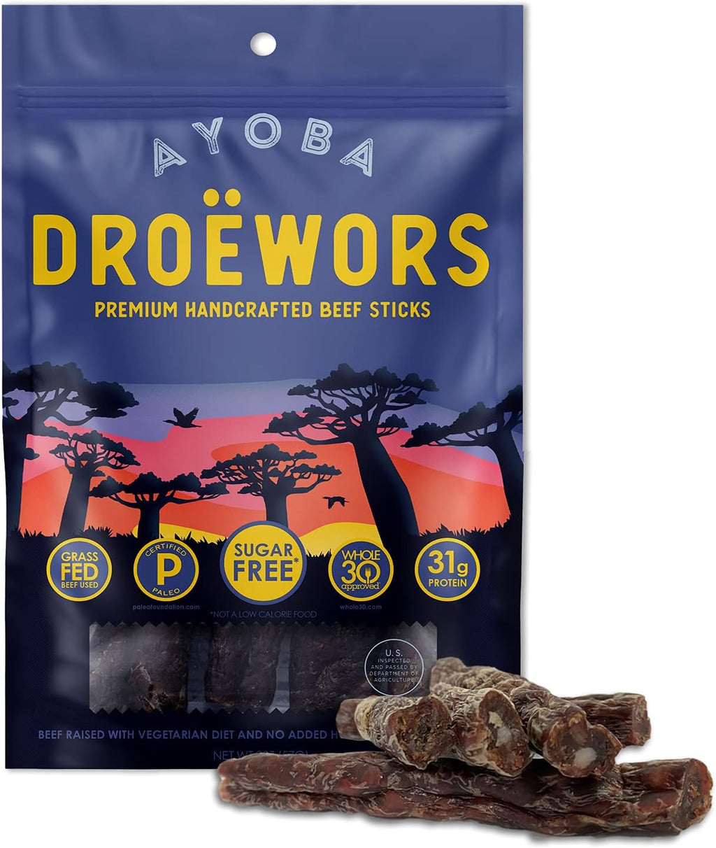 Ayoba Traditional Droewors Grass Fed Beef Paleo Sticks (2 Ounce, Pack of 1) - Keto Friendly, Air-Dried Beef Protein Snacks - Low Carb, Gluten Free, Nitrate Free, No Sugar, Meat Snacks