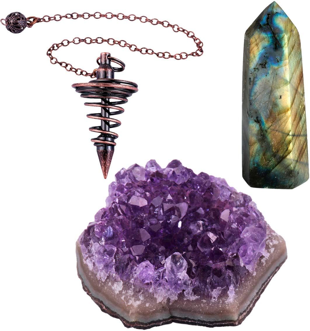 Nupuyai Pack of 3 Healing Crystals Set, Amethyst Cluster, Copper Plated Pendulum, Labradorite Crystal Point Wand for Reiki Dowsing Divination Meditation Decoration