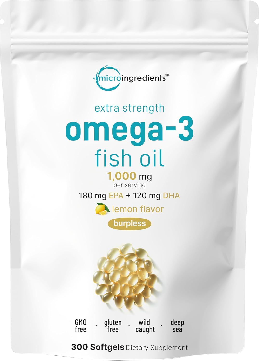 Micro Ingredients Extra Strength Omega 3 Fish Oil Supplements 1,000mg Per Serving, 300 Softgels | Lemon Flavored | Burpless | EPA 180mg + DHA 120mg | Deep Sea Fish