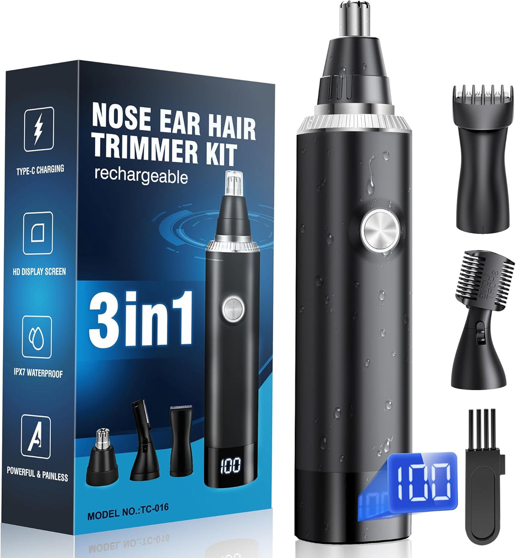 Nose Hair Trimmer for Men, 3-in-1 Professional Painless USB-C Rechargeable Eyebrow & Facial Nose Trimmer for Men Women, LED Display Trimmer with Powerful Motor and Dual-Edge Blades, IPX7 Waterproof