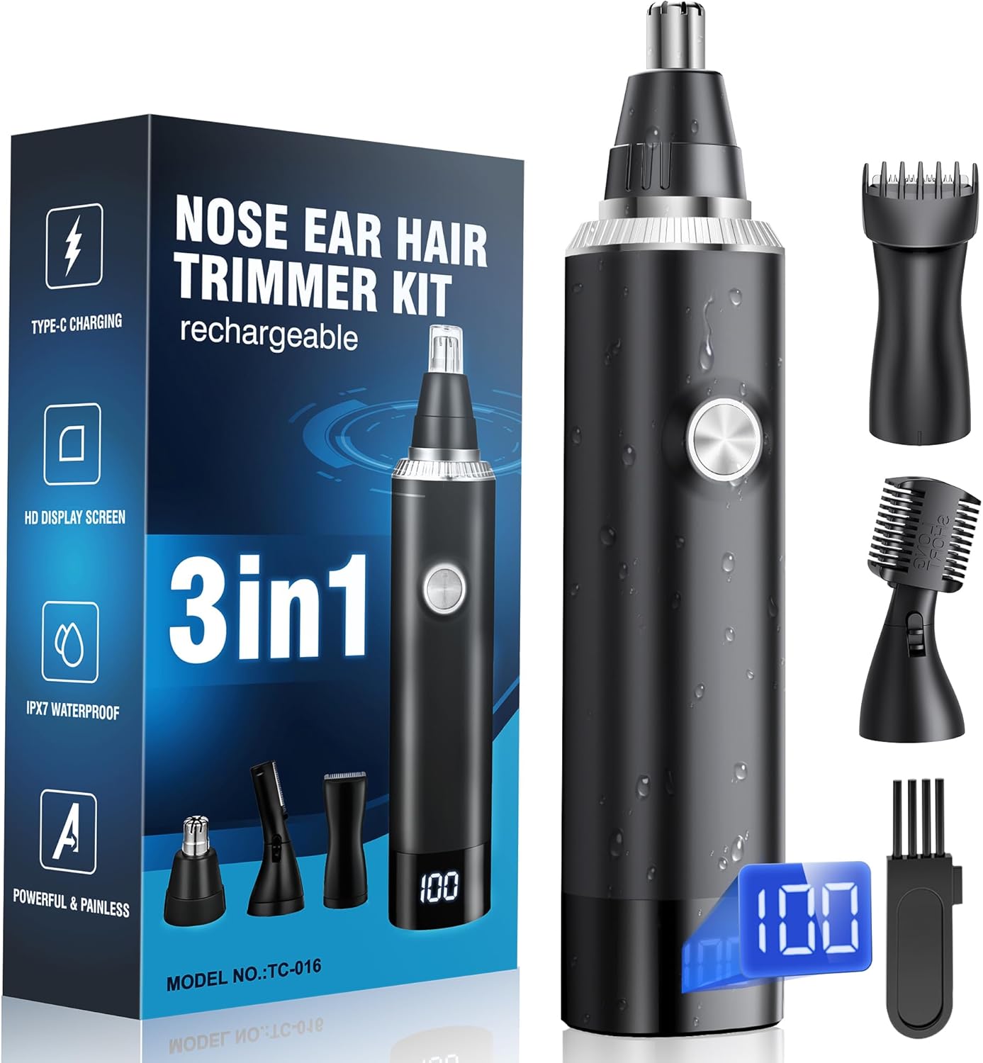 Nose Hair Trimmer for Men, 3-in-1 Professional Painless USB-C Rechargeable Eyebrow & Facial Nose Trimmer for Men Women, LED Display Trimmer with Powerful Motor and Dual-Edge Blades, IPX7 Waterproof