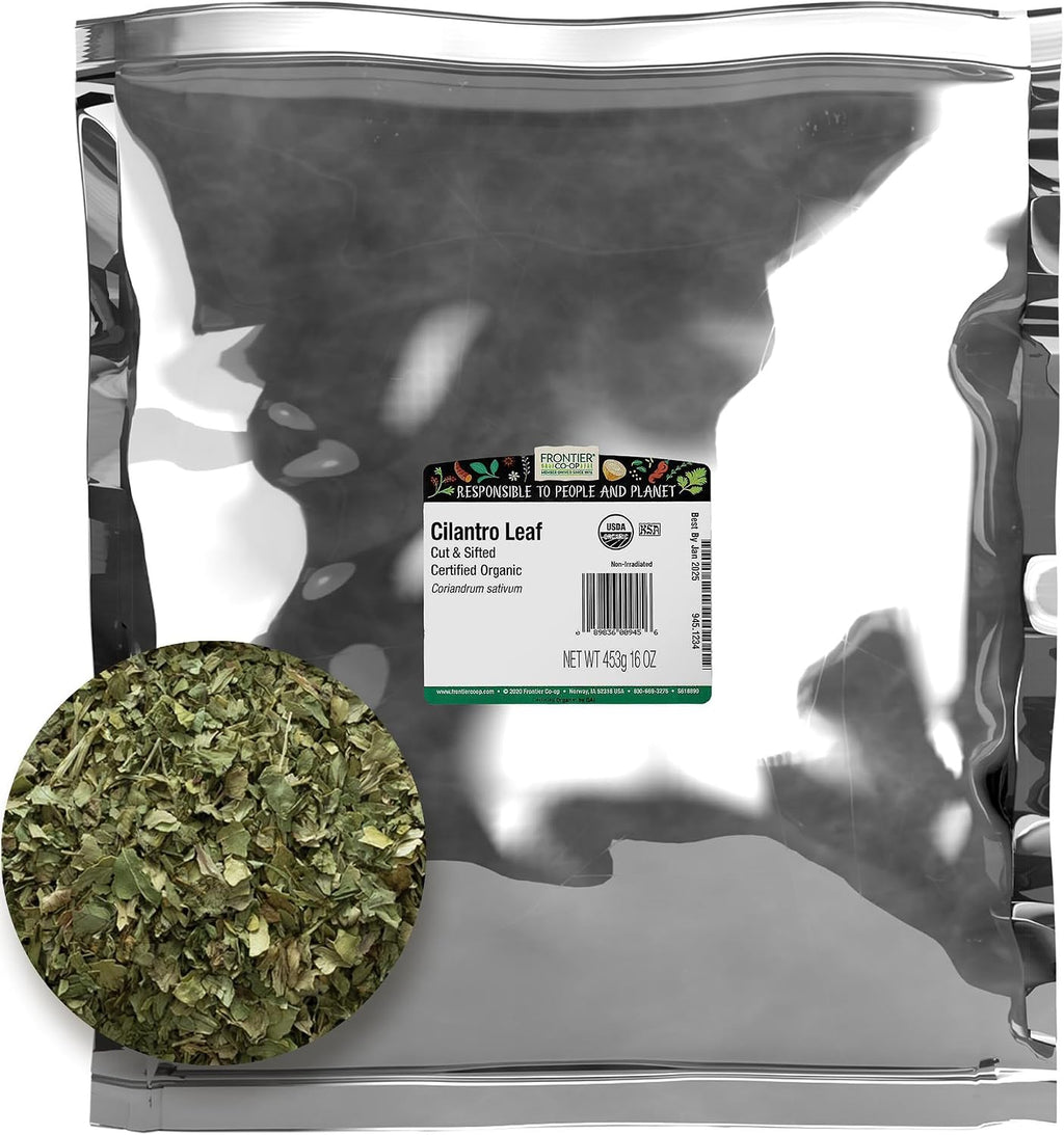 Frontier Co-op Organic Cilantro Leaf, Cut and Sifted, 1lb Bulk Bag - Dried Cilantro Seasoning - Perfect for Tea, Soups, Sauces, Salsa and More - Kosher