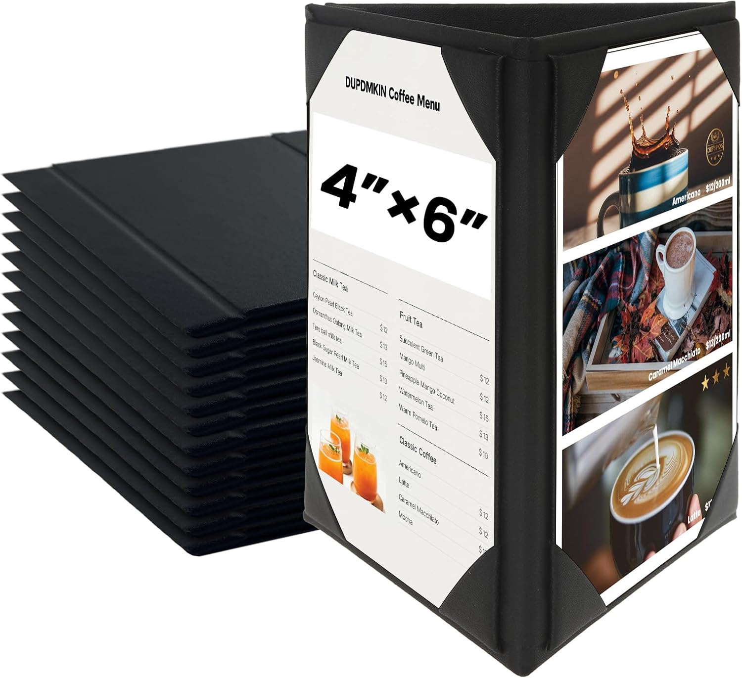 12 Pack Table Tent Triangle Menu Holders 4x6 Inch, 3-Sided PU Leather Menu Covers for Restaurant, Bar, Cafe, Wedding