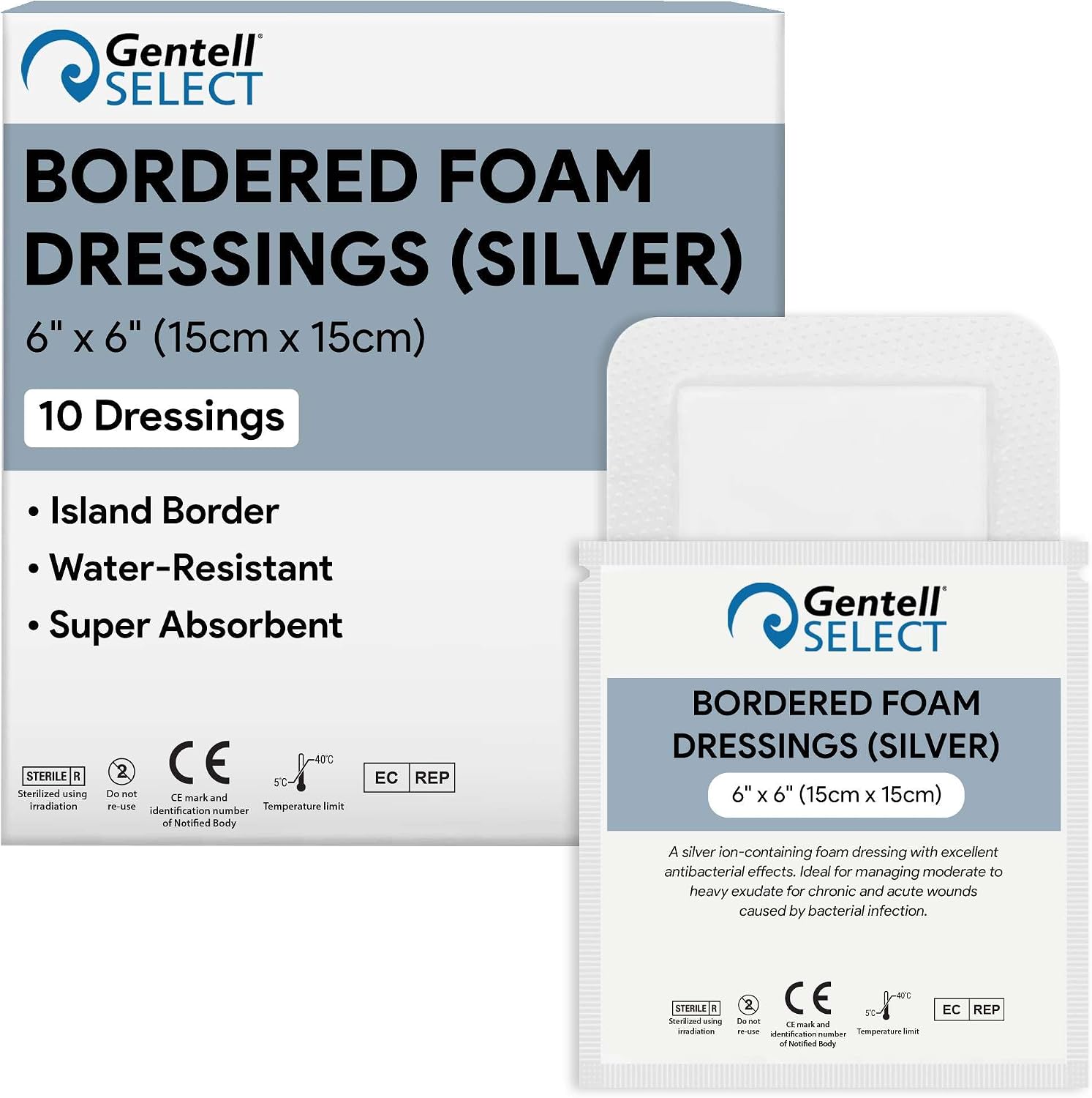 Bordered Foam Silver Dressings for Wound Care 6"x6" - 10 Ag Foam Dressings for Moderate to Heavy Wound Exudate - Highly Absorbent and Water Resistant