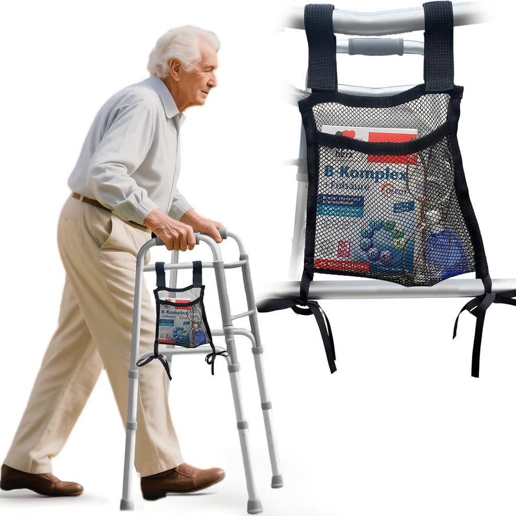 Aliseniors Walker Side Bag, Lightweight Folding Walkers Accessories Pouch, Side Walker Basket Organizer Mesh Bags for Phone, Keys, Medication, Cup, Secure & Easy to Attach (Black)