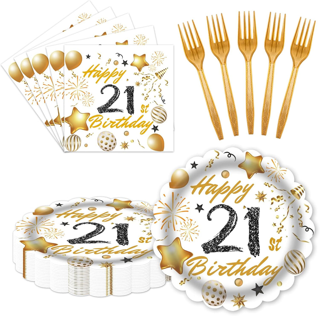 60 Pcs 21st Birthday Decorations White gold Paper Plates and Napkins Forks Party Tableware for Men Women Birthday Party Decorations,Serve 20