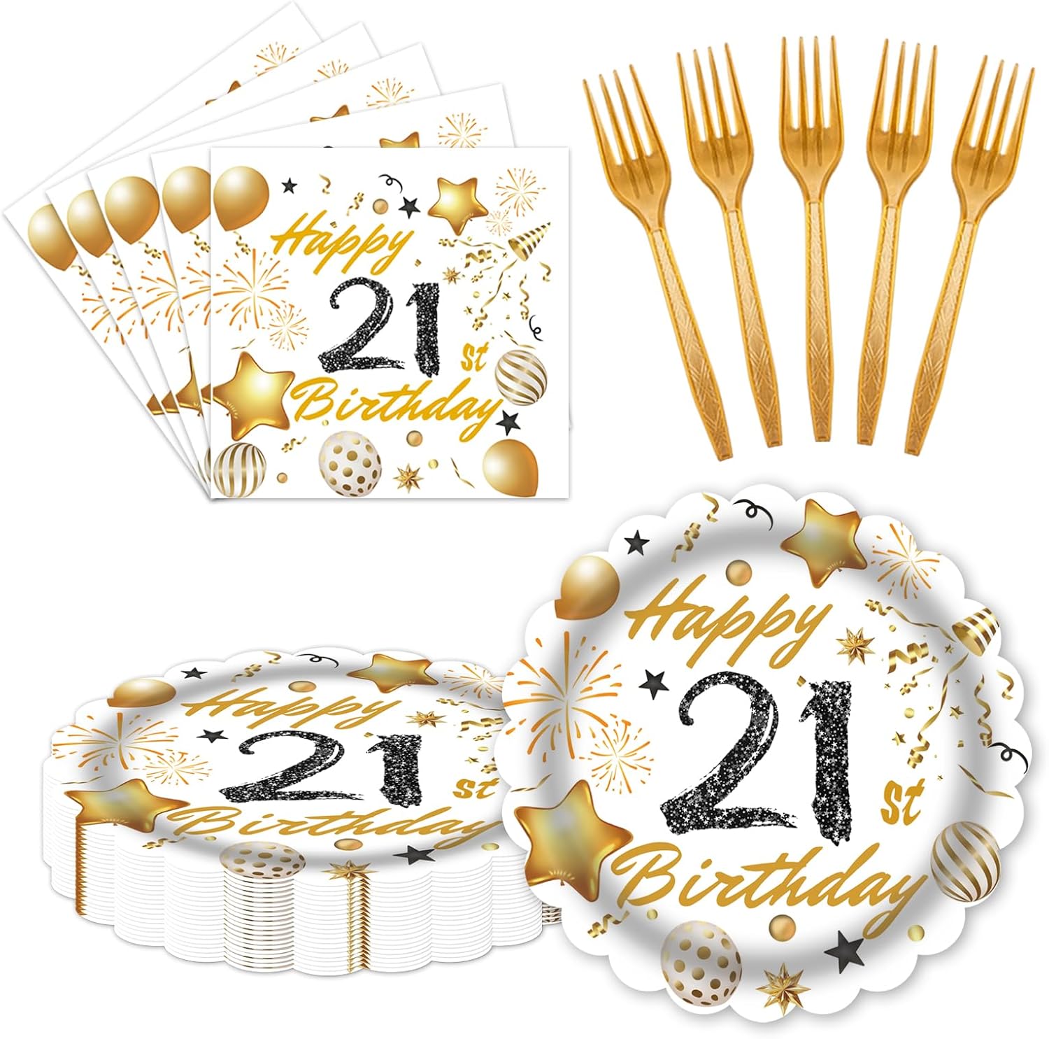60 Pcs 21st Birthday Decorations White gold Paper Plates and Napkins Forks Party Tableware for Men Women Birthday Party Decorations,Serve 20