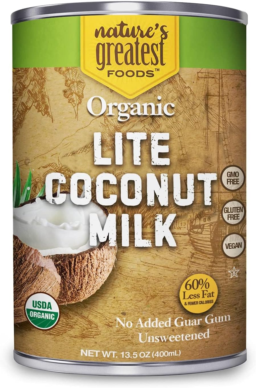 Organic Light Coconut Milk by Nature's Greatest Foods - 13.5 Oz - No Guar Gum, No Preservatives - Gluten Free, Vegan and Kosher- 5-7% Coconut Milk Fat, Unsweetened (12-Pack)