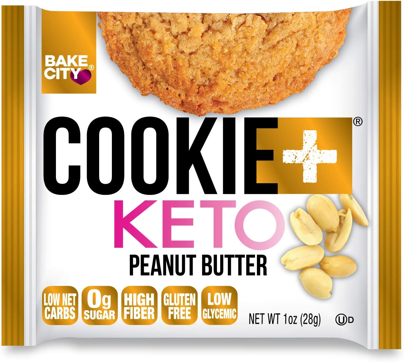Bake City Cookie Plus Keto | 1oz Peanut Butter Cookies (12 pack), Gluten Free, 0g Sugar, Only 1.5g Net Carbs, Good Fats, 5g Protein, Kosher, No Artificial Flavors