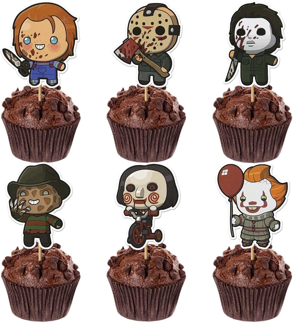 36Pcs Horror Movie Cupcake Toppers, Classic Horror Movie Character Cupcake Picks for Scary Movies Theme Birthday, Halloween Birthday Party Supplies Cake Decorations