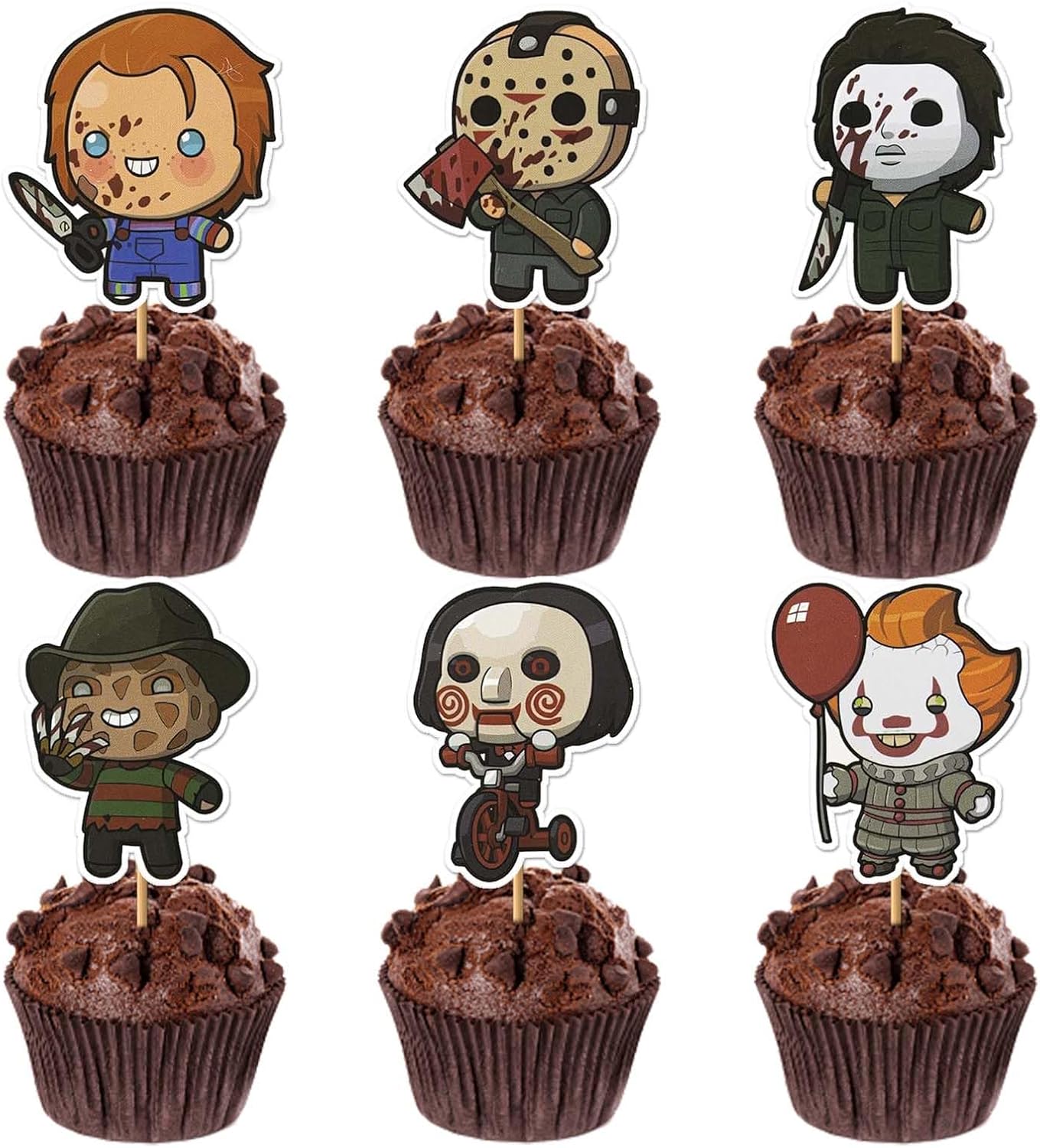 36Pcs Horror Movie Cupcake Toppers, Classic Horror Movie Character Cupcake Picks for Scary Movies Theme Birthday, Halloween Birthday Party Supplies Cake Decorations
