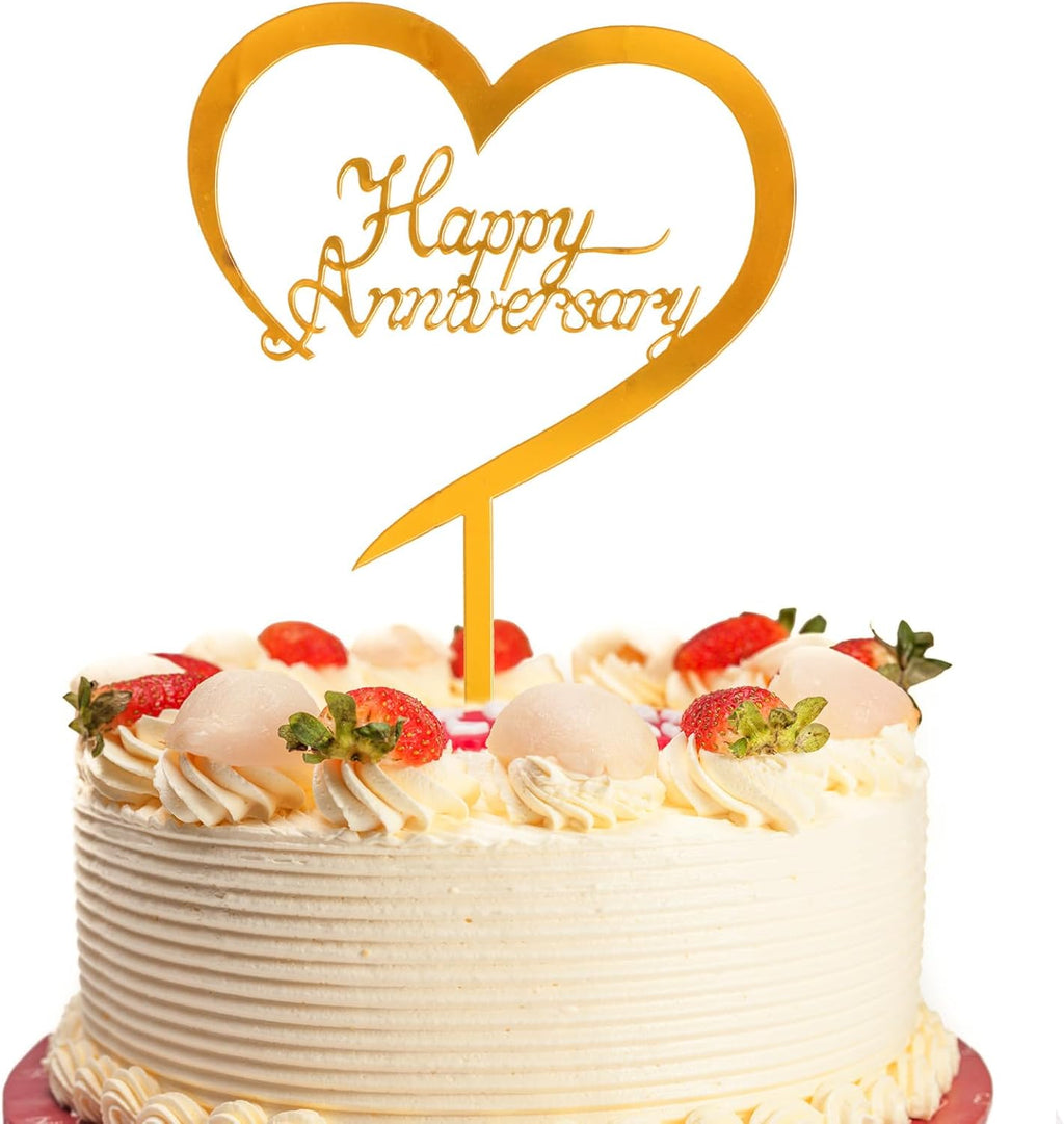 Anniversary Cake Topper, Gold Anniversary Cake Decoration Acrylic Cakes Party Toppers Glitter Mirror Cakes Decorations Sign with Clear Case for Men Women Wedding Anniversaries Decor