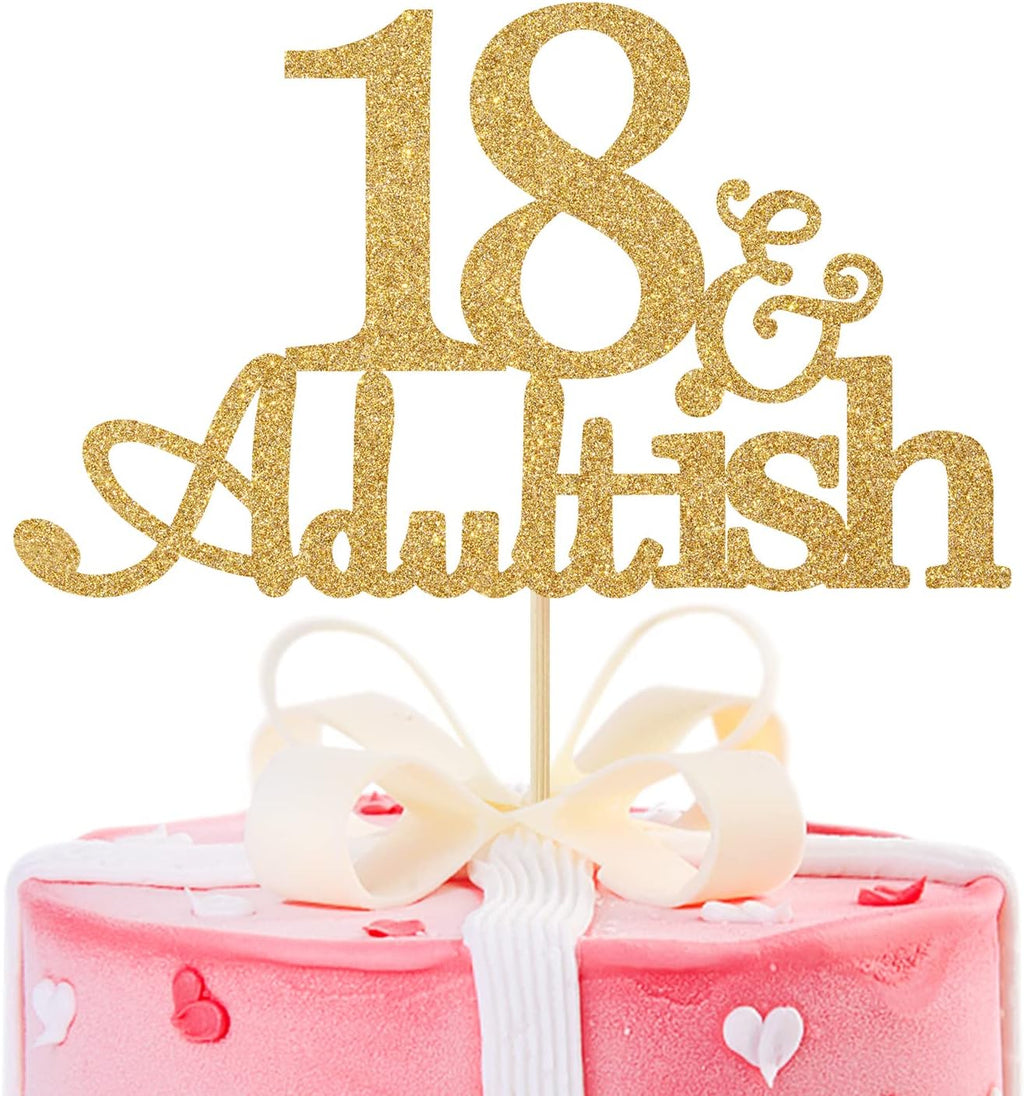 Gold Glitter 18 and Adultish Cake Topper for Eighteen Birthday Party, Time To Adult Cake Decorations, 18th Birthday Party Decorations for Girls Boys