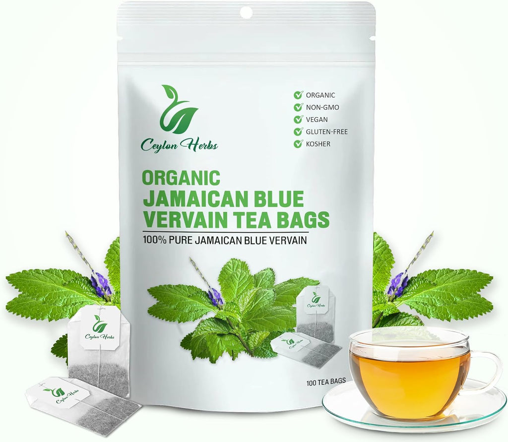 50 Jamaican Blue Vervain Tea Bags - 100% Pure Wild-Crafted Herbal Tea Bags for a Smooth and Earthy Brew Healthy Well-Cleaned Whole Plant Tea Cut
