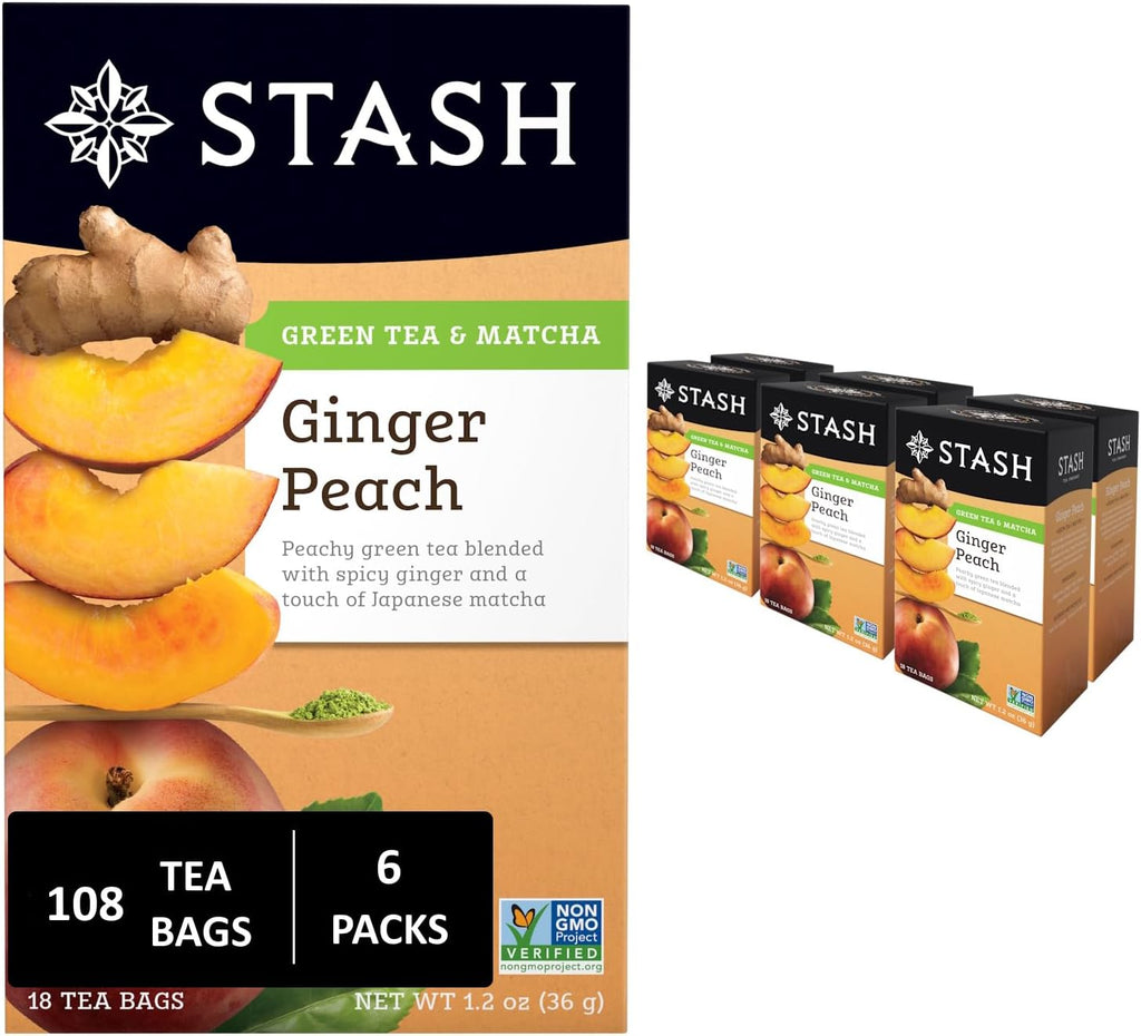 Stash Tea Ginger Peach Green Tea - Caffeinated, Non-GMO Project Verified Premium Tea with No Artificial Ingredients, 18 Count (Pack of 6) - 108 Bags Total