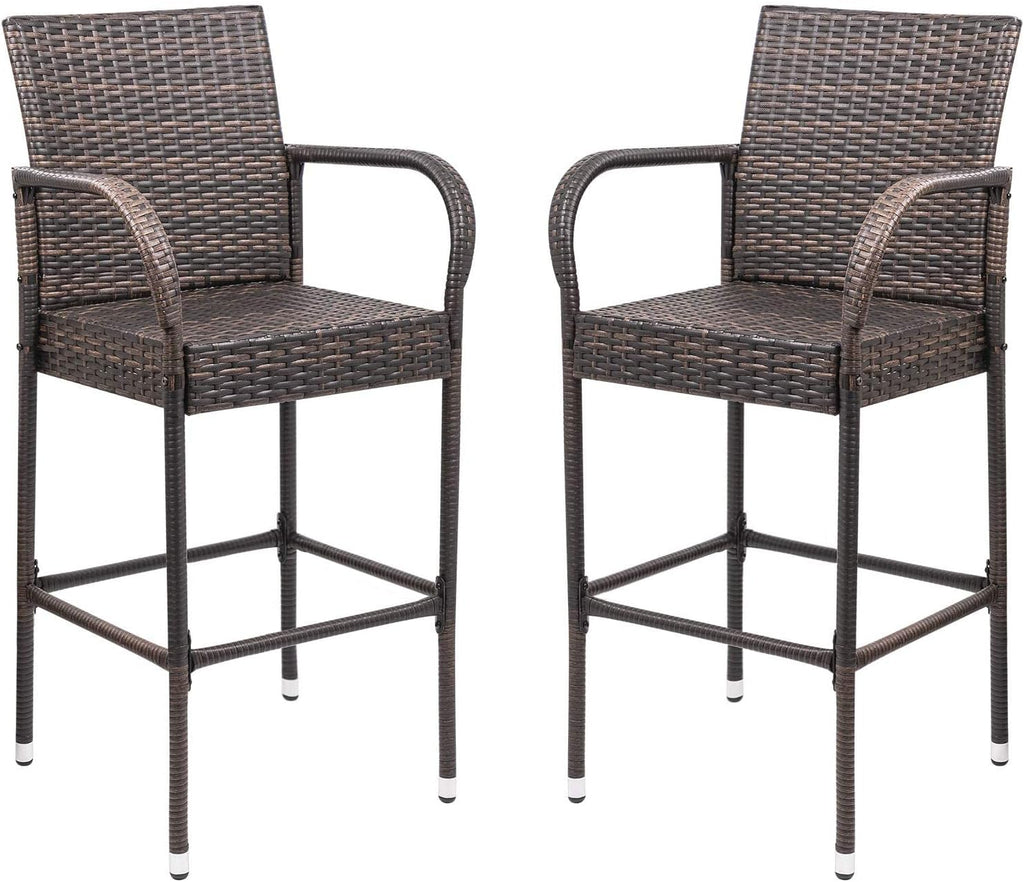 Homall Patio Bar Stools Wicker Barstools Indoor Outdoor Bar Stool Patio Furniture with Footrest and Armrest for Garden Pool Lawn Backyard Set of 2 (Brown)