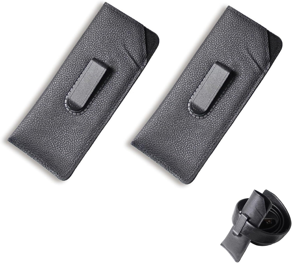 2 Packs Glasses Case with Clip Soft Black Leather Eyeglass Pouch with Plastic Flex Slide-In Pocket Belt Clip Holder for Eyeglasses and Sunglasses Eye Protectors Cases for Men Use