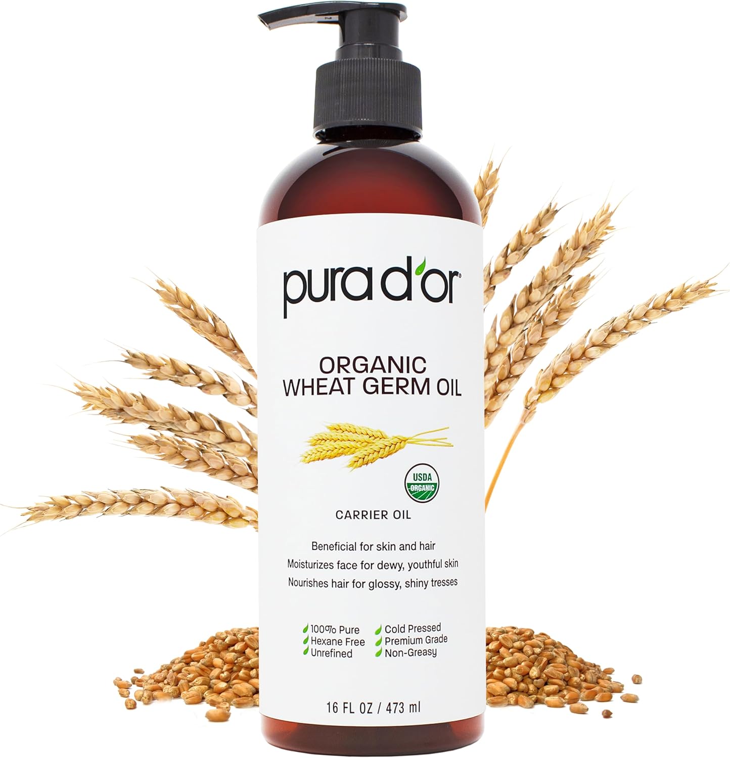 PURA D'OR 16 Oz ORGANIC Wheat Germ Oil - 100% Pure & Natural USDA Certified Cold Pressed Carrier Oil - Vitamin E Rich, Moisturizing & Nourishing Anti-Aging Properties - Healthy Hair Growth & Skincare