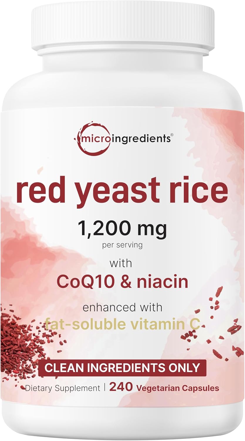 Red Yeast Rice 1,200mg with CoQ10 100mg, 240 Veggie Capsules | 4-in-1 with Flush Free Niacin & Fat Soluble Vitamin C | Cholesterol Support & Heart Health Supplements | Filler Free, Non-GMO, No Gluten