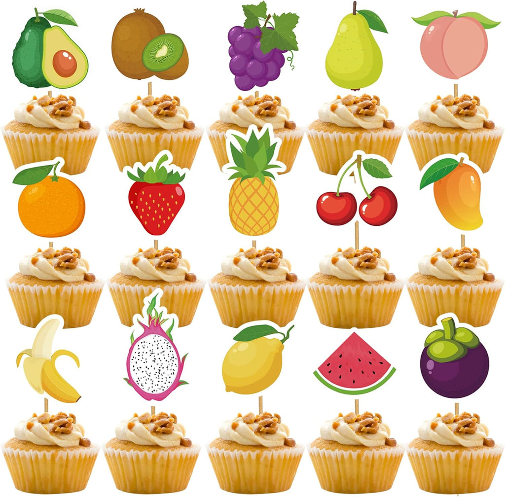 30Pcs Fruit Cupcake Toppers Watermelon Lemon Grape Banana Strawberry Treat Cake Picks for Tutti Frutti Fruit Themed Wedding Birthday Party Decorations