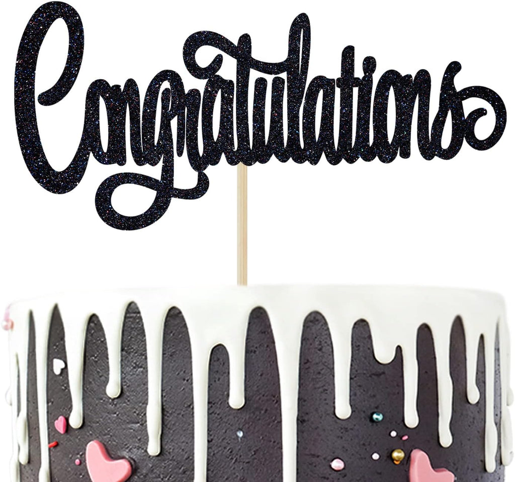 Congratulations Cake Topper, Congrats Grad Graduate, 2026 Graduation/Wedding/Birthday/Anniversary/Retirement Celebration Party Decorations Supplies, Black Glitter