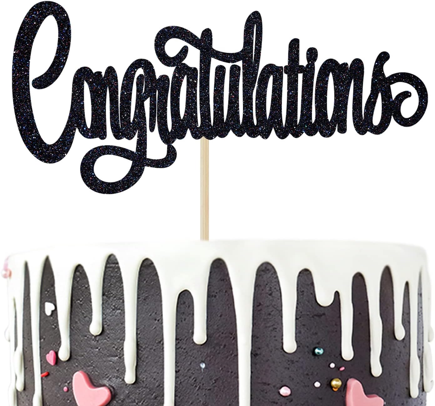 Congratulations Cake Topper, Congrats Grad Graduate, 2026 Graduation/Wedding/Birthday/Anniversary/Retirement Celebration Party Decorations Supplies, Black Glitter