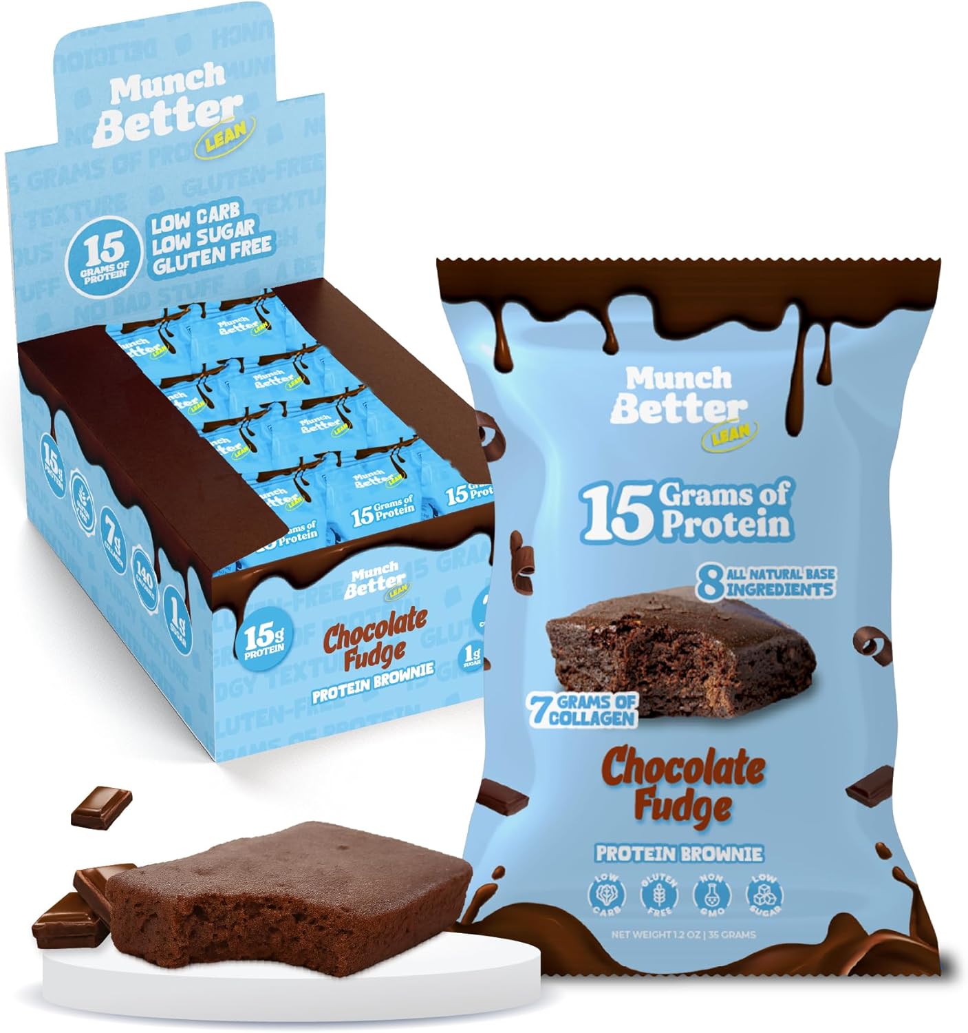 Munch Better Chocolate Fudge Protein Brownies – 15g Protein, Soft & Chewy, Gluten-Free, Low Sugar, Individually Wrapped, Clean Ingredients – 12 Count Box, Perfect Anytime Snack