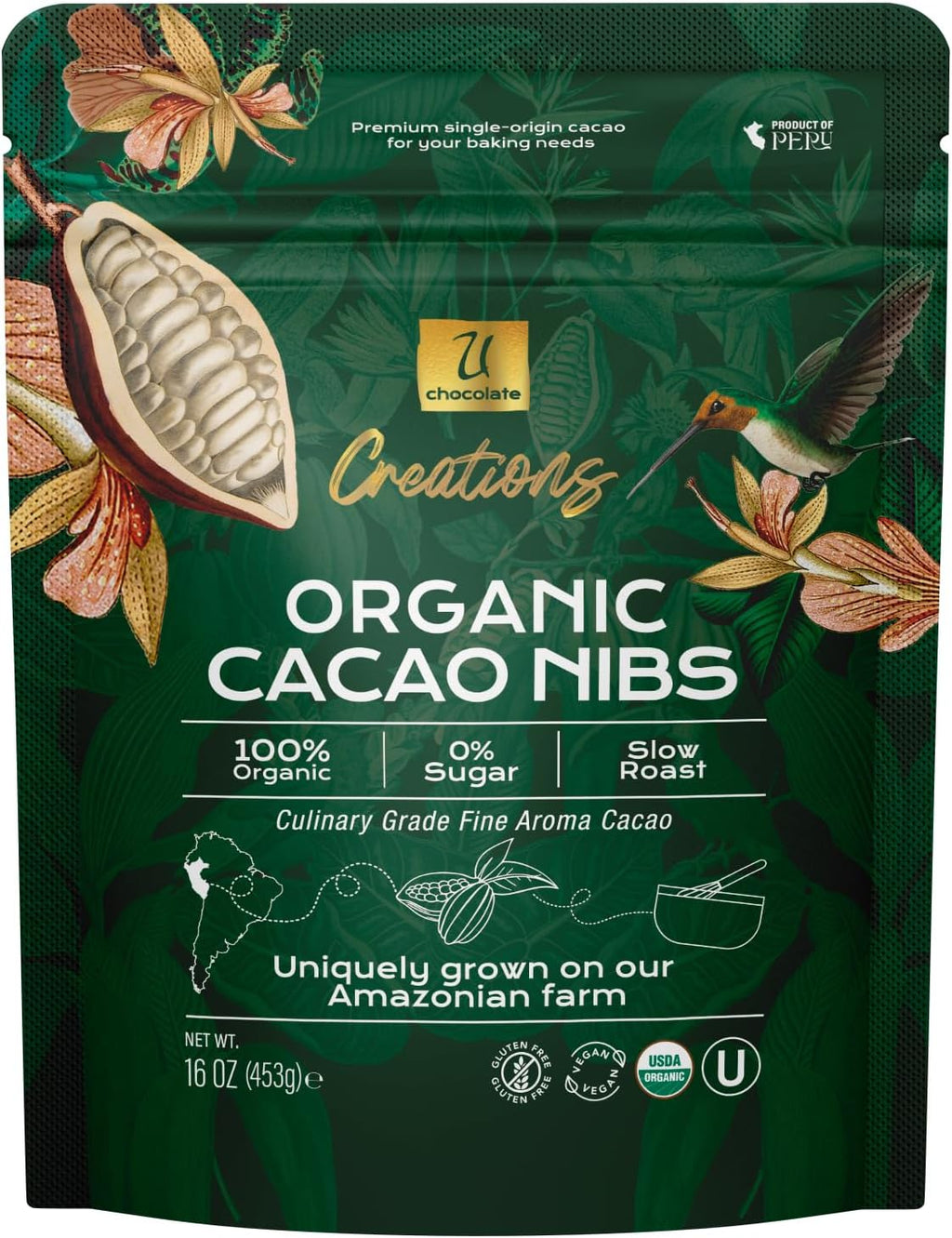 U Chocolate Organic Roasted Cacao Nibs, Unsweetened Superfood – Fresh from our Farm – Vegan, Allergen-Free, Single-Origin Keto Snack & Topping – 16 oz