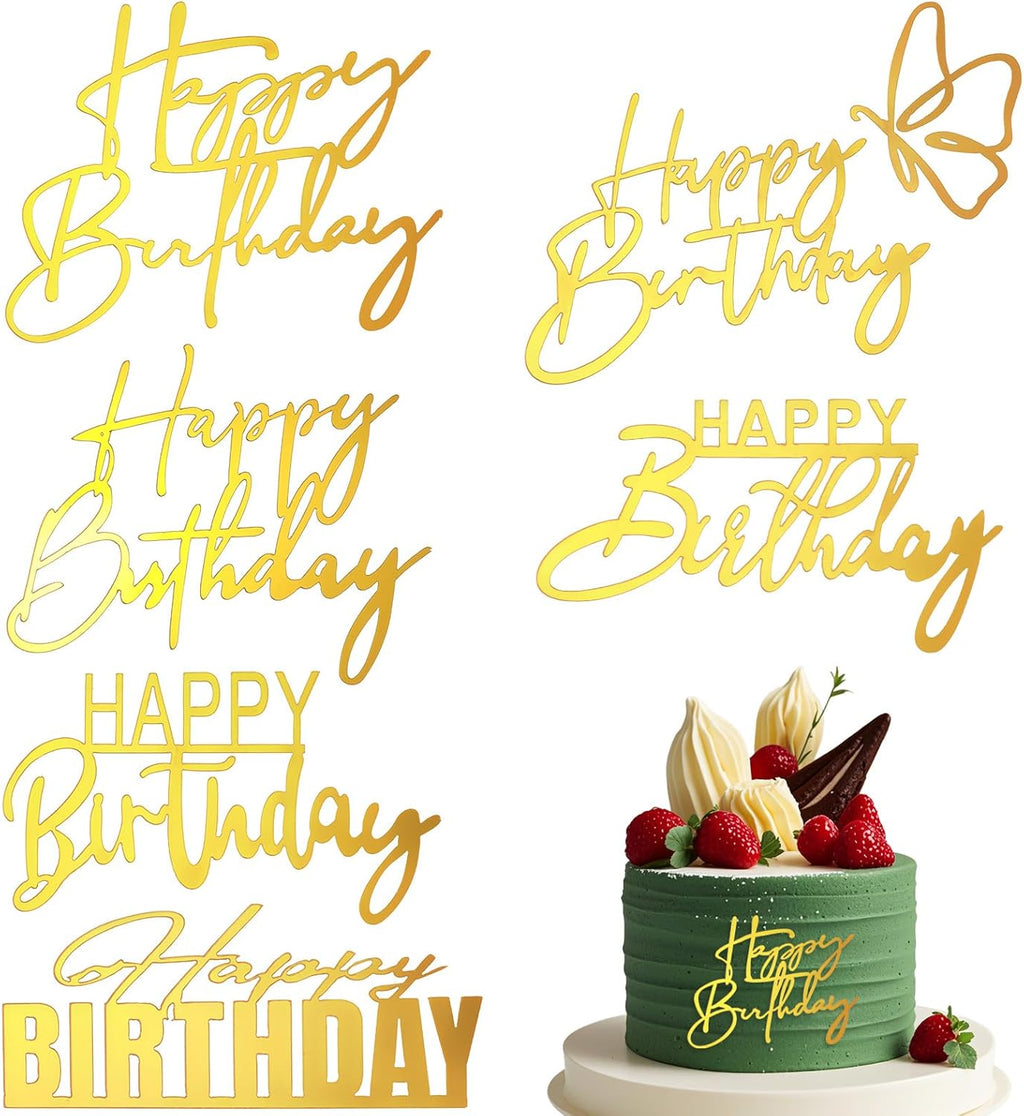 6Styles Gold Happy Birthday Cake Toppers, Mirror Acrylic Happy Birthday Sign for Cake Side Decoration, Glitter Gold Acrylic Happy Birthday Cake Topper Set for Cake Party Decorating Supplies