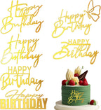 6Styles Gold Happy Birthday Cake Toppers, Mirror Acrylic Happy Birthday Sign for Cake Side Decoration, Glitter Gold Acrylic Happy Birthday Cake Topper Set for Cake Party Decorating Supplies