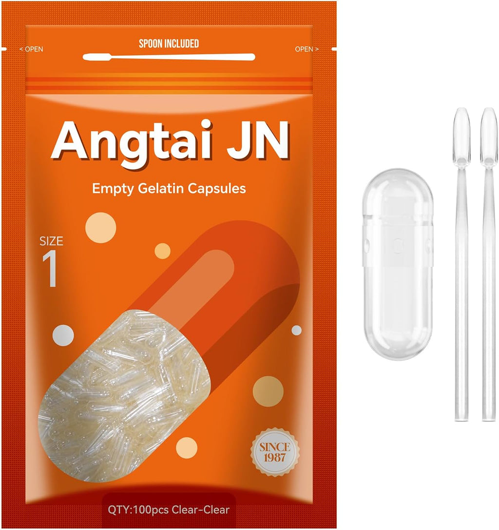 Capsules Size 1 Empty Gelatin Pill Gel Caps Pure Bovine Clear (100 Count) Gluten Free, Non-GMO, Halal Certified Filling Kit with 2 Spoons for DIY Your Own Supplements