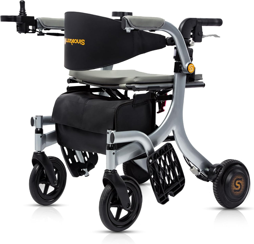 4 in 1 Electric rollator - Versatile Mobility Aid with Seat, Lightweight Foldable Transport Wheelchair & Drive Walker for Seniors, Aluminum Alloy Hertz Silver (ER-X3)