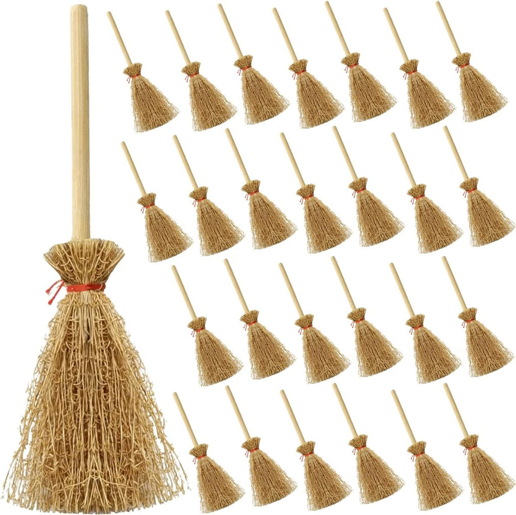 TIHOOD 30PCS Miniature Artificial Mini Straw Brooms with Red Ropes Halloween Straw Craft Decoration Witches Accessory for Costume Cosplay Party