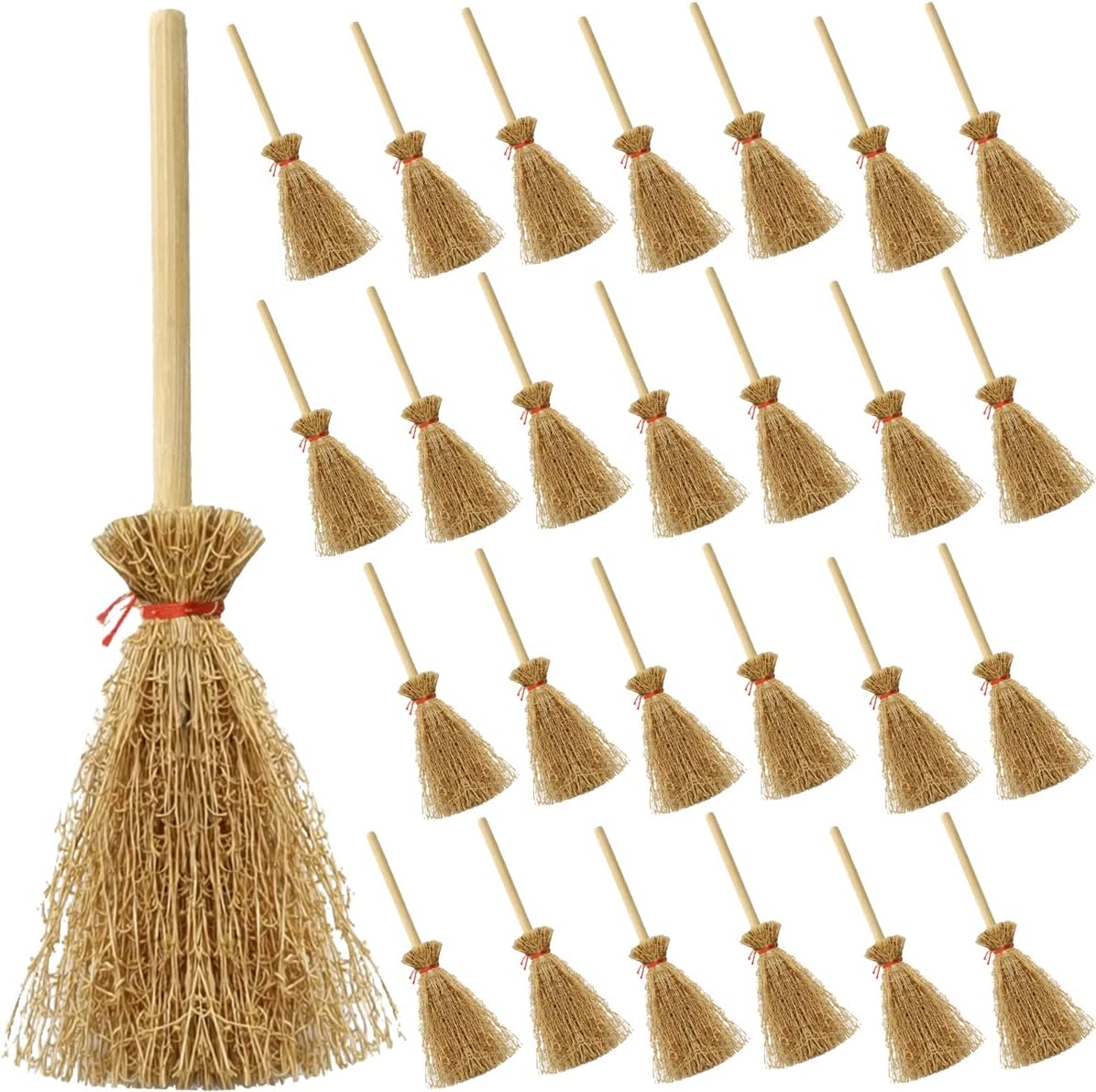TIHOOD 30PCS Miniature Artificial Mini Straw Brooms with Red Ropes Halloween Straw Craft Decoration Witches Accessory for Costume Cosplay Party