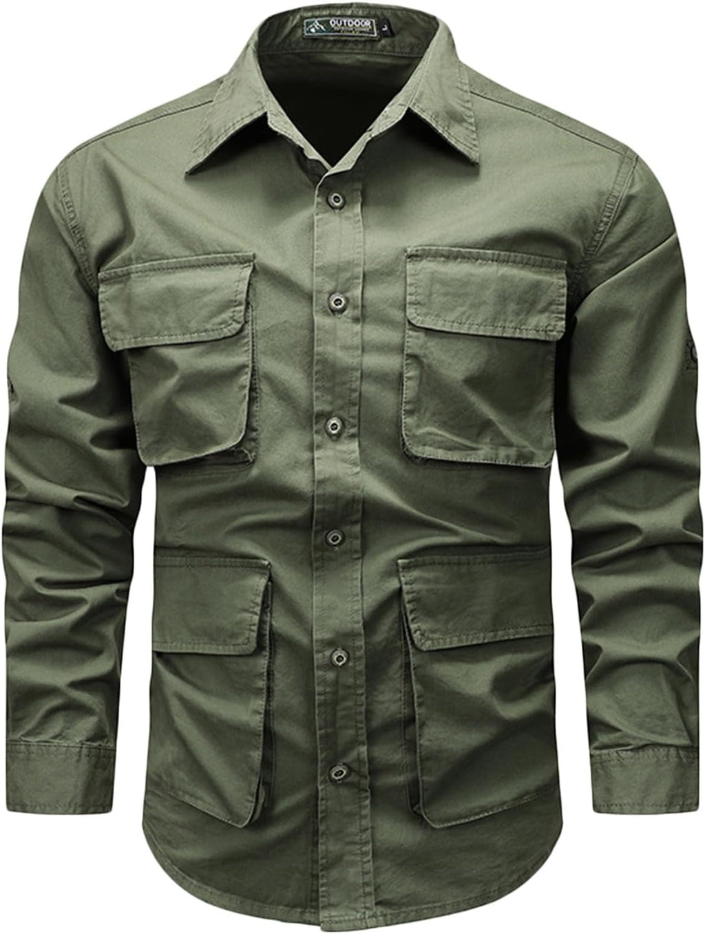 Mens Cargo Long Sleeve Shirts Casual Multi Pockets T Shirts Outdoor Loose Tooling Tops Cotton Lapel Button Down Shirts