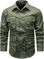 Mens Cargo Long Sleeve Shirts Casual Multi Pockets T Shirts Outdoor Loose Tooling Tops Cotton Lapel Button Down Shirts