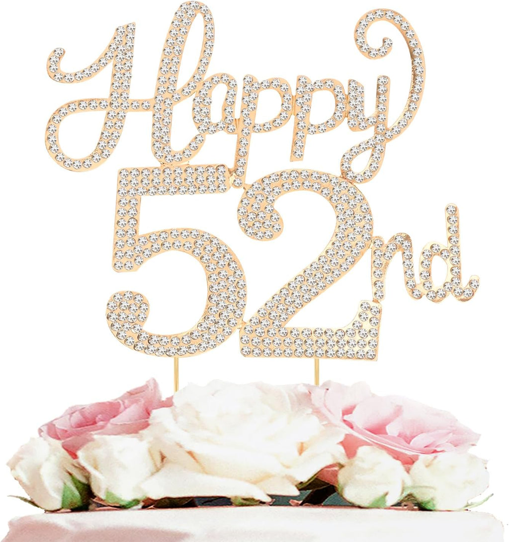 Happy 52nd Birthday Decorations,52nd Birthday Gold Rhinestone Cake Topper - Cheers to 52 Years Old Bday Party Metal Sparkly Cake Centerpieces Sign.