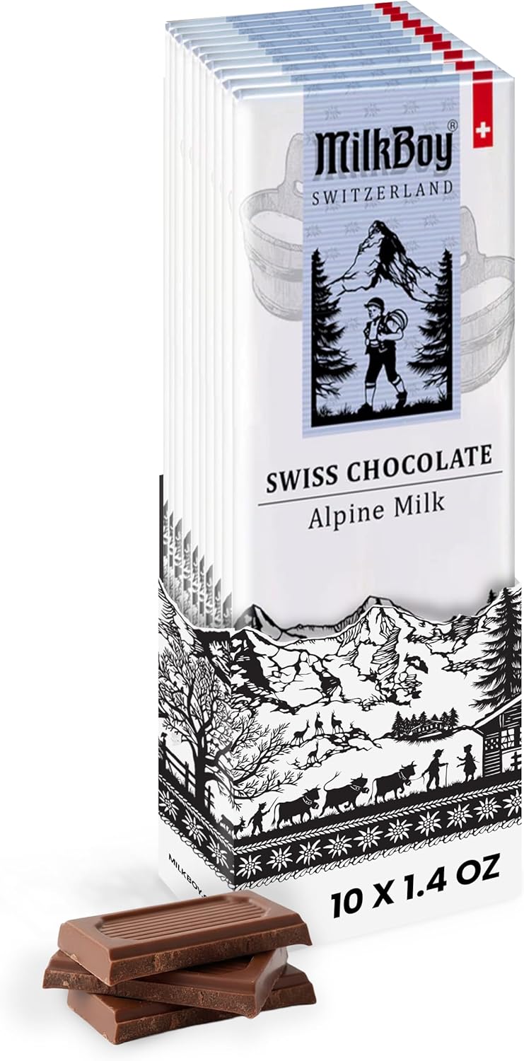 Milkboy Swiss Chocolates - Premium Swiss Alpine Milk Chocolate Extra Creamy Milk Chocolate Snack Bar Size 1.4 oz - GMO Free (10 Pack)
