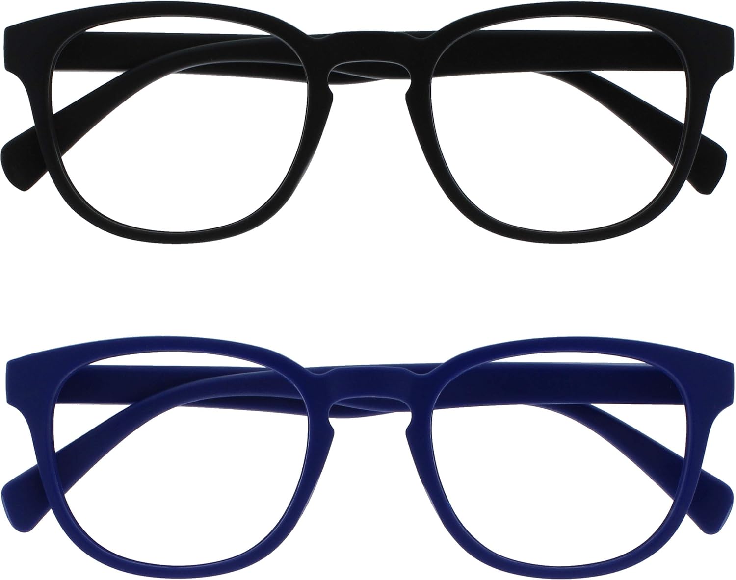 OPULIZE POP Reading Glasses for Women Men,Scratch Resistant Round Matt Frame with Spring Hinges, Black, Blue +2.50 (Pack of 2)